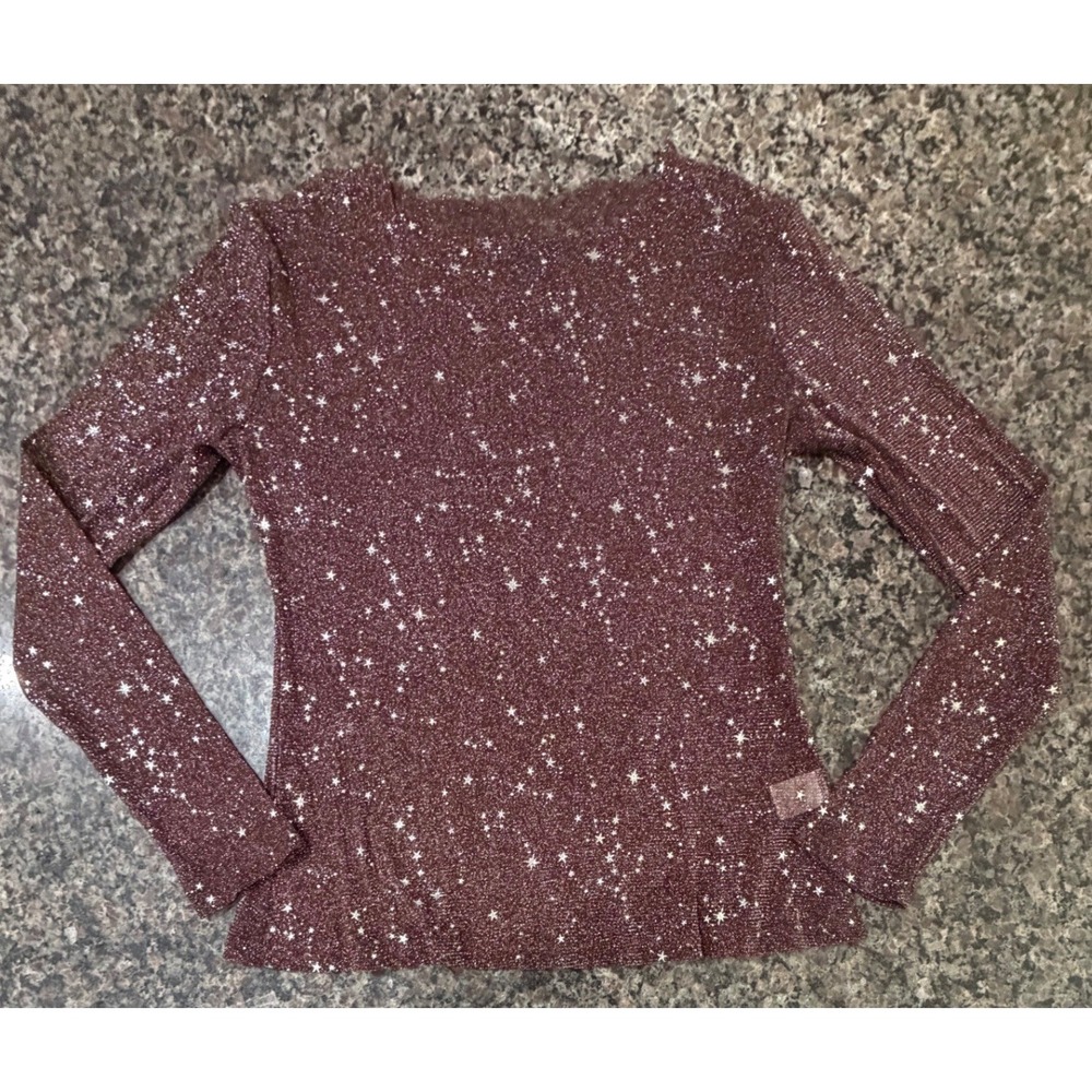 Mangopop Brown Metallic Star Print‎ Mesh Long Sleeve Top Womens Medium Slim Fit